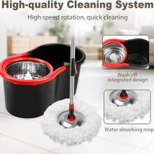 360 Spinning Mop Bucket Floor Cleaning Tool With 3 Microfiber Mop Replacement Head Refills,50" Extended Handle For Floor Cleaning Home - Black and Red - View 9