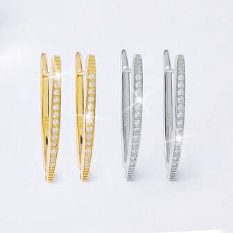 925 Sterling Silver Geometric Full CZ Women Earring, Cubic Zirconia Inlaid Simple Large Earring