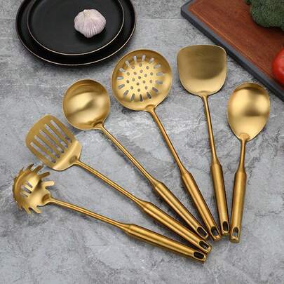 6pcs Stainless Steel Cookware Set, Gold Color, Including Spatula, Strainer Spoon, Rice Paddle, Soup Ladle, Pasta Strainer, Kitchen Cooking Utensils