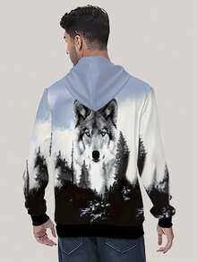 男士狼印花连帽衫 - 休闲涤纶针织毛衣，常规版型动物印花连帽运动衫，秋冬 - 彩色 - 查看 4