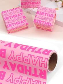 1 rolă de hârtie de împachetat roz pentru ziua de naștere, design cu inscripții "La mulți ani" cu linii de tăiere pe verso, hârtie de împachetat cadou pentru fete, petrecere pentru fete