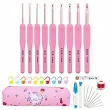 [9 种尺寸钩针套装] 9 种尺寸轻质铝制钩针套装，适用于钩针编织和针织，带储物袋和 23 件配件，初学者钩针套装，钩针用品，粉色