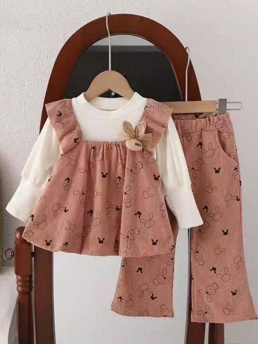 2025 Wiosna Dziewczynek Modny 3-częściowy komplet garniturowy z falbaniastym kołnierzykiem, styl brytyjski, dla malucha - Brudny różowy - Zobacz 1