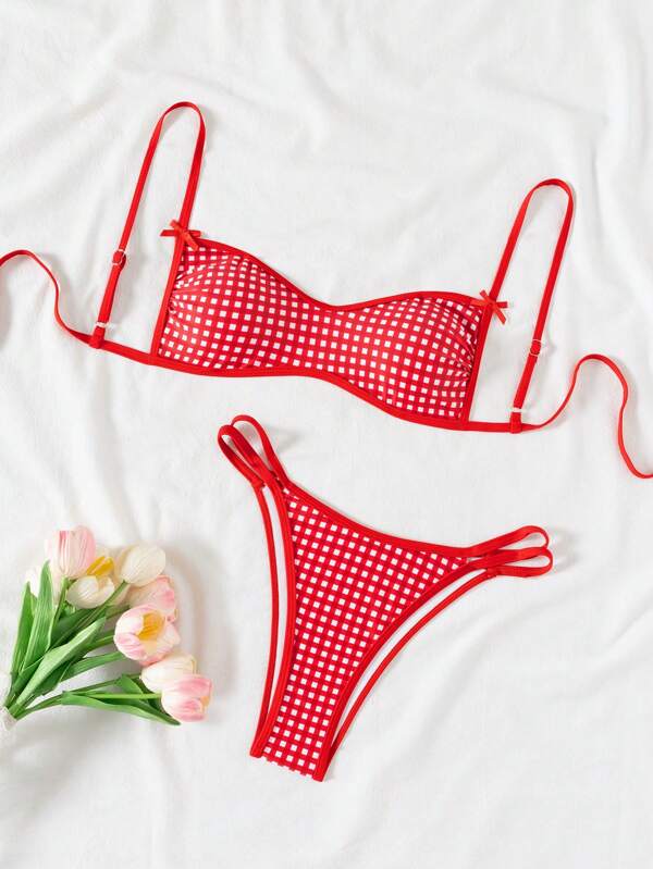 Women's Red Plaid Print Bowknot Bikini Set, Summer Beach