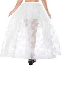 Women Irregular Ruffle Hem Skirt, Floral Embroidery Elastic Waist Tulle Skirt for Summer - Blanco - Ver 4