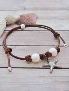 1 件情人节经典波西米亚风皮绳多色海星手链，情侣海滩、派对、日常服装配饰礼物 - 褐色 - 查看 2
