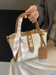 Stylish & Simple Snap-Button Closure PU Tote Bag With Detachable Strap, Shoulder Bag & Handbag, With Scarf, Daily Use - Brown - View 4