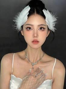 Elegante tocado de 2 piezas con plumas de cisne blanco estilo francés y perlas, un accesorio de cabello delicado y grácil perfecto para actuaciones de ballet y ocasiones nupciales