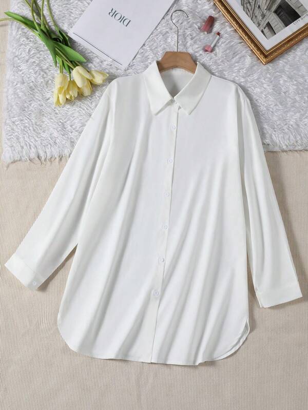 Plus Size Women Button Front Split Hem Casual Spring Summer Shirt