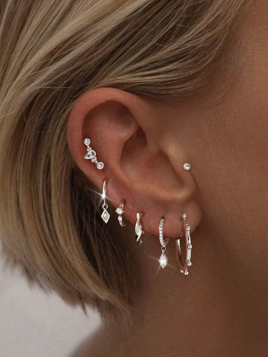1 套 5 件优雅方晶锆石耳钉，适合日常、派对、节日、约会或婚礼 - 銀色 - 查看 1