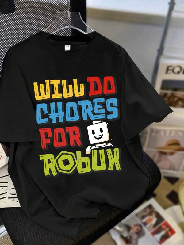 Tween Boy Casual Minimalist Colorful Letter & Robot Print Crew Neck Short Sleeve T-Shirt, Spring/Summer New Arrival