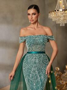 Elisanya Váy dài đuôi cá lấp lánh hở vai Haute Glamour với đuôi váy bằng vải tuyn quá khổ và dây buộc eo - Váy dạ hội Maxi thanh lịch cho các sự kiện trang trọng, lễ kỷ niệm đặc biệt và tiệc sang trọng - Màu xanh lá cây đậm - Xem 4