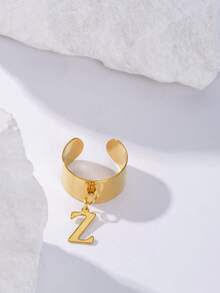 2025 最新时尚 26 个字母 A-Z 吊坠开口戒指，18K 镀金不锈钢可调节珠宝拇指环，男女皆宜，日常佩戴 - 金色 - 查看 10