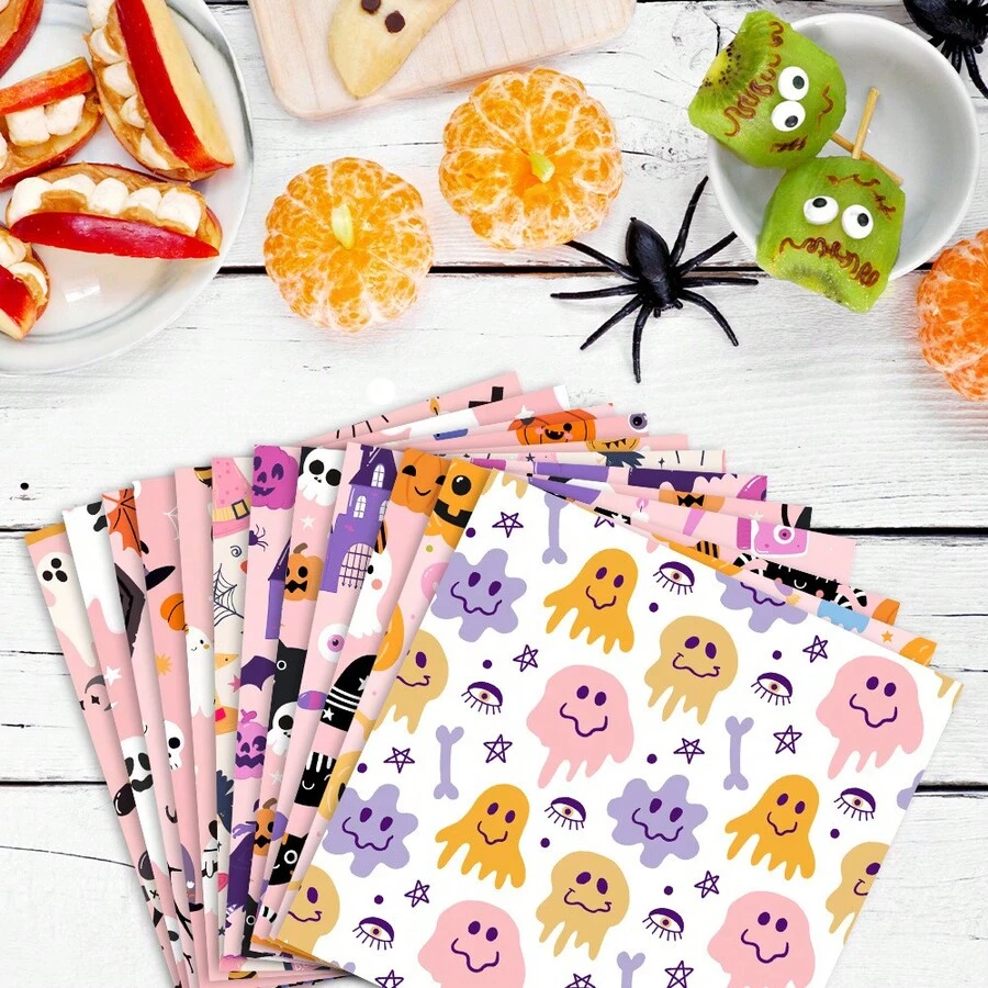 12pcs/Set Multi-Style Halloween Themed Cartoon Pink DIY Gift Box Wrapping Paper Party Decorations, Suitable For Gift Packaging, Decoration And Gifting To Friends For Women Storage Organizer Travel Essentials Back To School Dormitory Storage - Multicolor - View 1