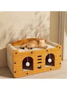 2 en 1 Casa y Rascador para Gatos, 1 Set de Cama de Madera con Rascador para Gatos, Cartón Resistente con Juguetes Colgantes, Cama Multifuncional para Gatos Adecuada para Múltiples Gatos con Zona de Descanso y Zona de Actividad, Estructura Resistente al Rayado, Fácil Montaje, Comodidad para Todas las Estaciones, Regalo Perfecto para Amantes de las Mascotas, Juguetes para Mascotas, Suministros para Mascotas