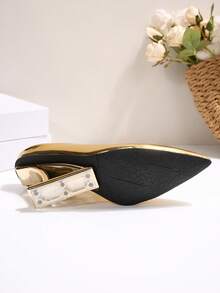 女士不对称高跟鞋，时尚 PU 皮革闪亮派对、婚礼、节日、办公室和户外服装，春秋季 - 金色 - 查看 8