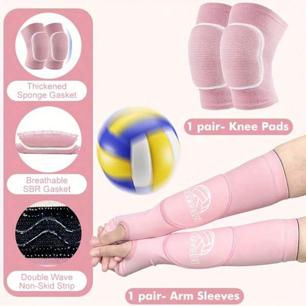 1 Set- 1pair Volleyball Arm Sleeves+1pair Thick Sponge Knee Sleeves, Arm Sleeves Passing Hitting Forearm Sleeves With Pads And Thumb Hole, Suitable For Volleyball, Men & Women