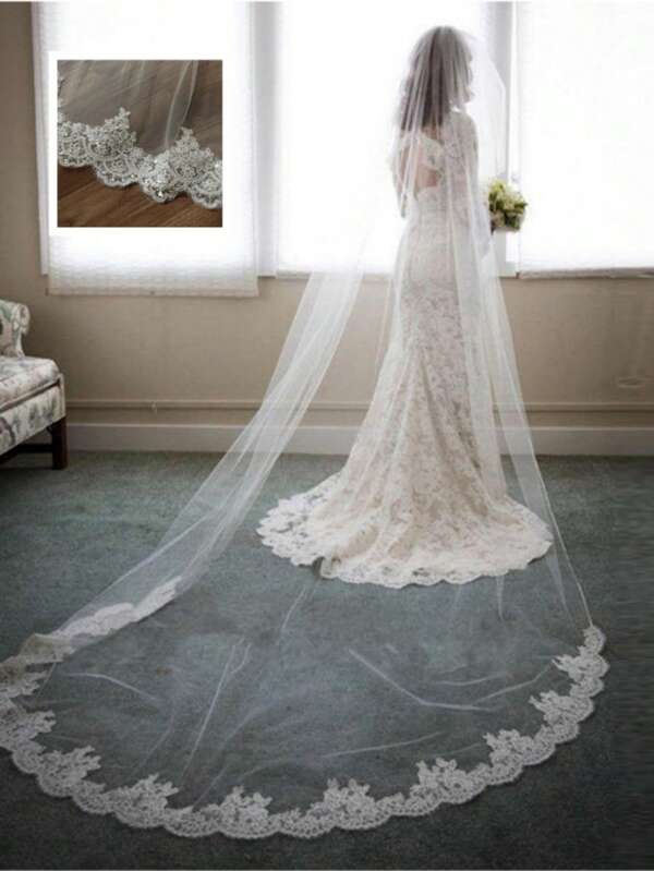 1pc Ivory Cathedral Length Sparkling Sequin Lace Bridal Wedding Veil
