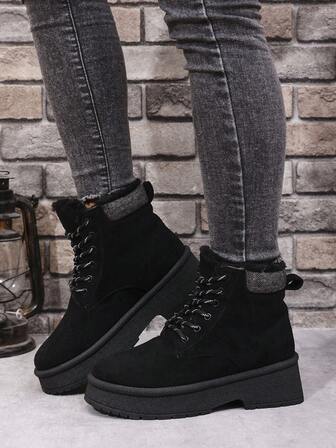 Botas con cordones, suela gruesa de esponja para mujer, forro cálido y estilo gótico de tobillo corto, tacón alto, para invierno