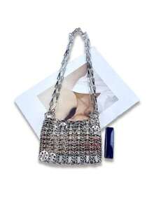 New Shiny Silver Bag, Hand-Woven Sequin, Sequin, Mobile Phone Bag, Long Shoulder Strap, One Shoulder Crossbody Bag - Silver - View 4