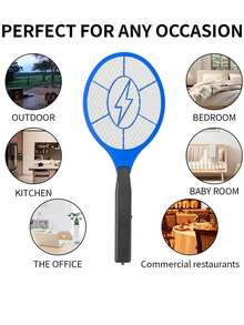 1 pieza raqueta eléctrica mata mosquitos y moscas recargable con luz led protección portátil eficaz resistente batería larga duración uso interior exterior para hogar camping jardín funcionalidad premium - Azul - Ver 8