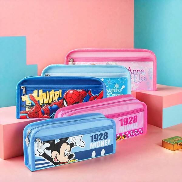 Disney 1pc Authorized Disney Frozen Elsa, Spider-Man Cartoon Character Stationery Bag, School Supply Pen Pouch, Double Layer Large Capacity, Pink, Blue,School Supplies,Back To School