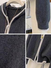 JIANHU Casual Zip Up Knit Hoodie With Contrast Trim, Relaxed Fit Fall Winter Essential