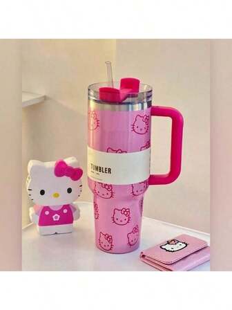Sanrio 1 pieza Botella de agua aislada de acero inoxidable de 40 oz con tapa y pajita de Sanrio Hello Kitty - Práctica, solo lavar a mano, excelente para viajes, deportes al aire libre y regalos, perfecta para festivales, rellenar en viajes | Diseño divertido | Construcción para la botella de agua de Hello Kitty
