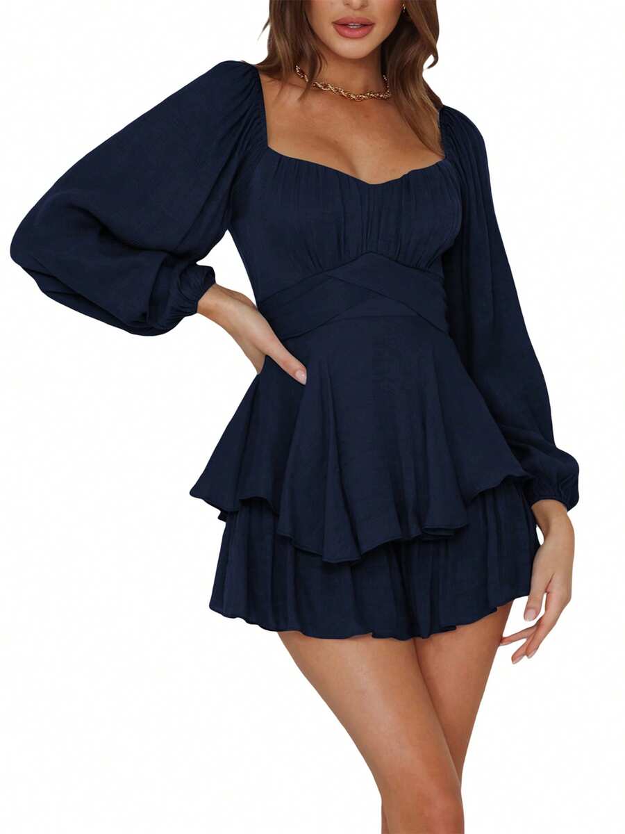 Womens Loose Shorts Jumpsuit, Solid Color Lantern Long Sleeve Square Neck Ruched Ruffled Playsuit - Navy Blue - View 1