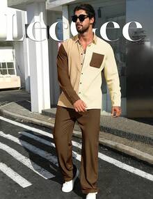 Mens 2 Piece Color Block Outfits Casual Long Sleeve Color Block Shirts And Pants Matching Set Sweatsuit-2025 - 棕色 - 查看 8