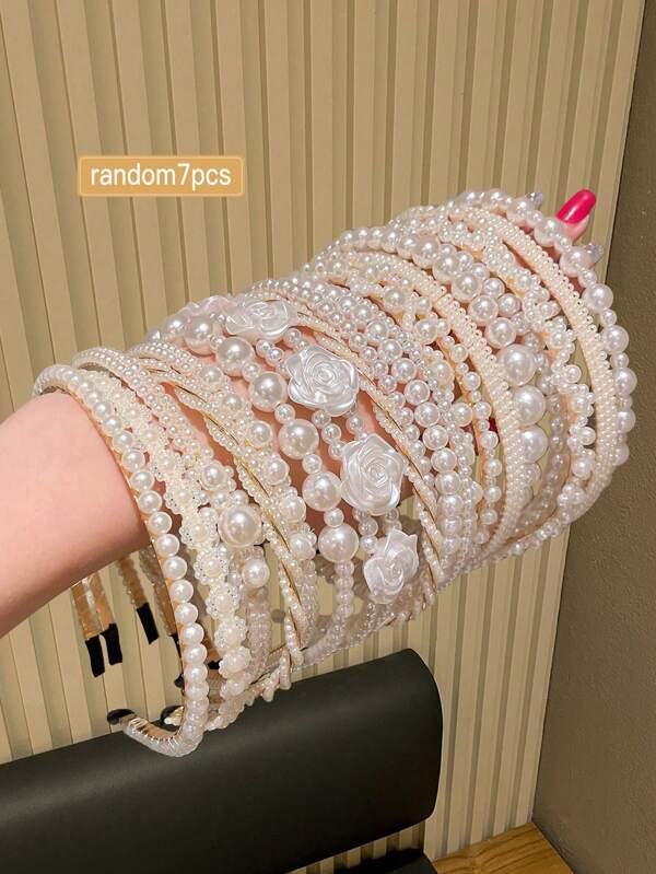 7pcs Random Elegant Faux Pearl Hair Hoops, Vintage Classic Headband Set, Versatile Styles For Daily Wear