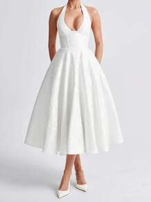 Women Jacquard Halter Dress Elegant Low Cut Sleeveless Open Back A-Line Long Dress For Evening Party Club - trắng - Xem 1