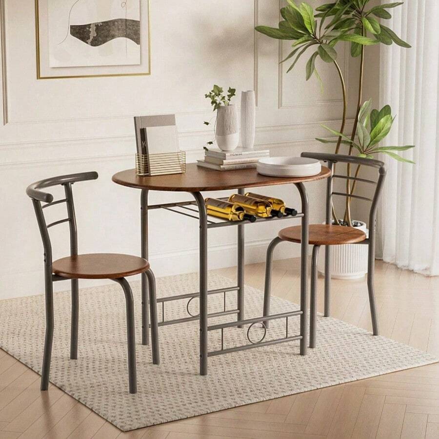 Flamaker Furmax 3 Piece Wood Round Table & Chair Set For Dining Room Kitchen Bar Breakfast, With Wine Storage Rack, Space Saving - Coffee Brown - View 1