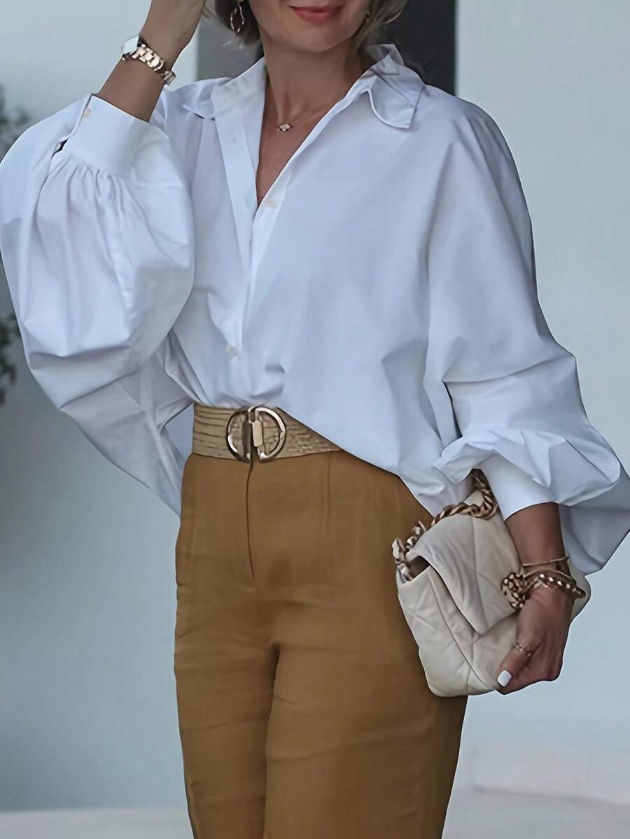 British Style Woven Long Sleeve Blouse, Elegant Top White Spring - White - View 1