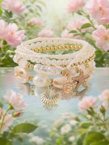 7 pièces/Set Bracelets multicouches avec coquillages, perles et perles, design empilable bohème pour femmes, pour le port décontracté pendant les vacances à la plage, avec motifs aléatoires de coquillages. Excellent cadeau, bracelet en cristal guérisseur pour la guérison de l'énergie spirituelle, convient pour un port quotidien, cadeau idéal pour la petite amie, la femme ou le partenaire