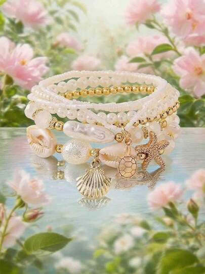 7pcs/Set Seashells, Pearls Beads Layered Bracelet Set, Boho Stackable Design For Women, Beach Holiday Casual Wear, Random Shell Patterns, Great Gift Idea,Healing Crystal Bracelet For Spiritual Energy Healing, Suitable For Daily Wear, Ideal Gift For Girlfriend, Wife Or Partner
