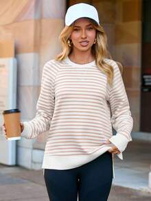 Womens Long Sleeve Sweatshirt Casual Crewneck Sweatshirts Loose Fit Pullover Tops - 淺卡其條紋 - 查看 6