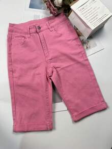 女式单口袋水洗紧身弹力骑行牛仔裤 - 粉紅色 - 查看 3