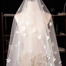 1pc Beige Double-Layer Short Bridal Veil With Comb