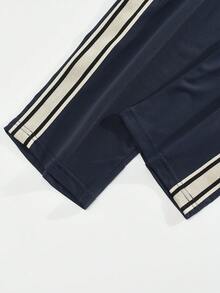 男士休闲基础套装（2件套），藏青色黑白条纹短袖T恤+抽绳腰运动裤，夏季 - 藏蓝色 - 查看 10