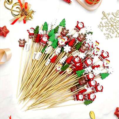 7/20/30/50/80/100/200 Pcs Christmas Toothpick Set, Bamboo Toothpicks With Various Holiday Designs - Santa, Reindeer, Snowman, Snowflake, Christmas Tree & Star Designs, For Holiday Party Appetizers, Canapes, Fruit Skewers, Cake Decor, Sandwiches And Party Snacks