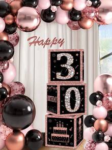 3Pcs Black Pink Birthday Paper Box,Happy 16th/21th/30th/40th/60th/50th Birthday Box,Glitter Elegant Square Paper Boxes,16th/21th/30th/40th/60th/50th Birthday Party Decor,16/21/30/40/60/50 Years Birthday Celebration Supplies - Pink Black - View 4