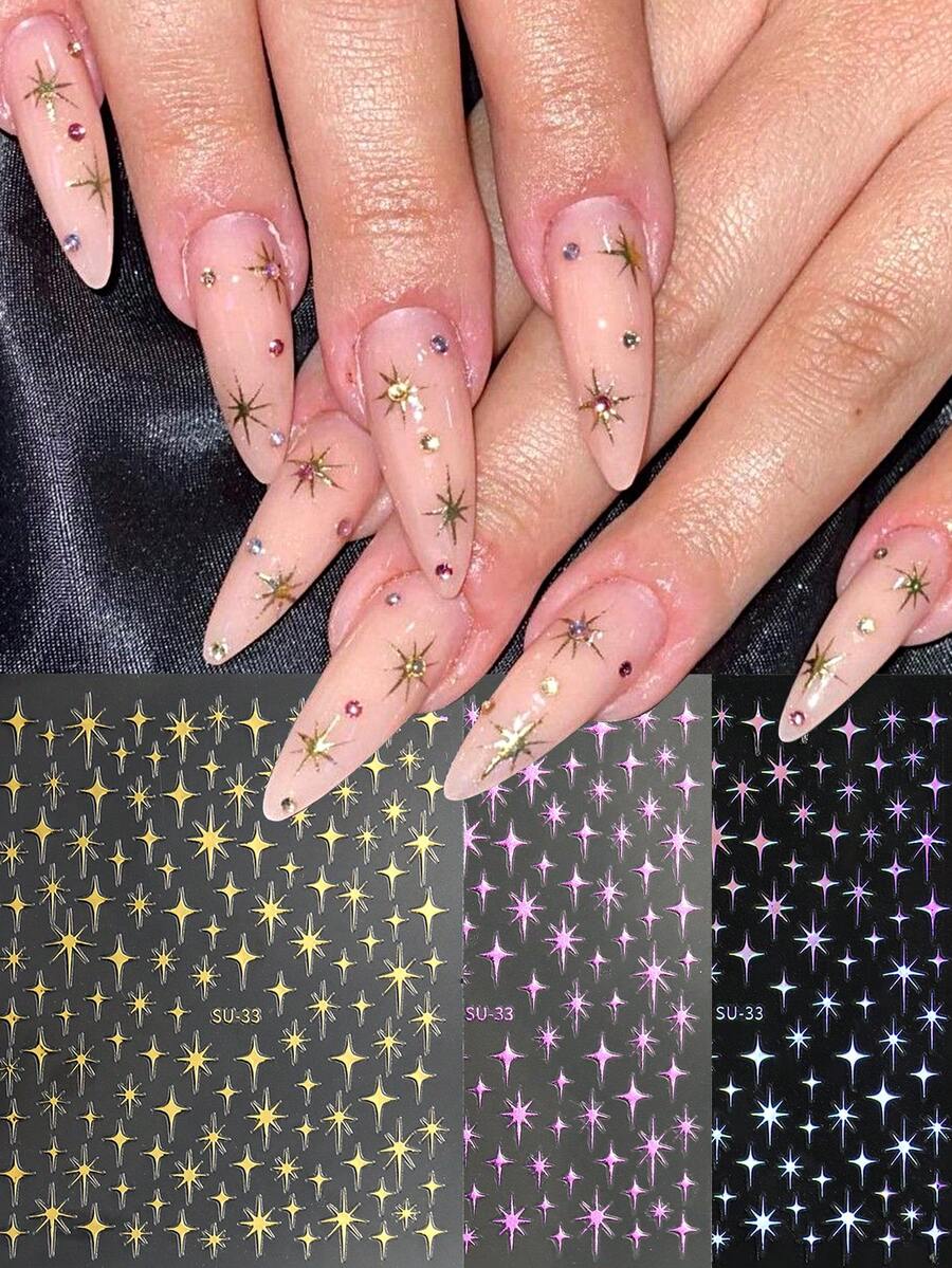 3 Fogli di adesivi per unghie a forma di stella con effetto dorato e laser, viola, rosa e a croce, decorazioni per unghie 3D carine, accessori fai-da-te per unghie