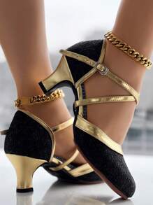 Zapatos de baile latino de D'Orsay con lentejuelas negras y doradas, tacones gruesos y medianos, con tiras cruzadas con tachuelas hechas a mano, versátiles para fiesta y boda, moda retro de otoño e invierno