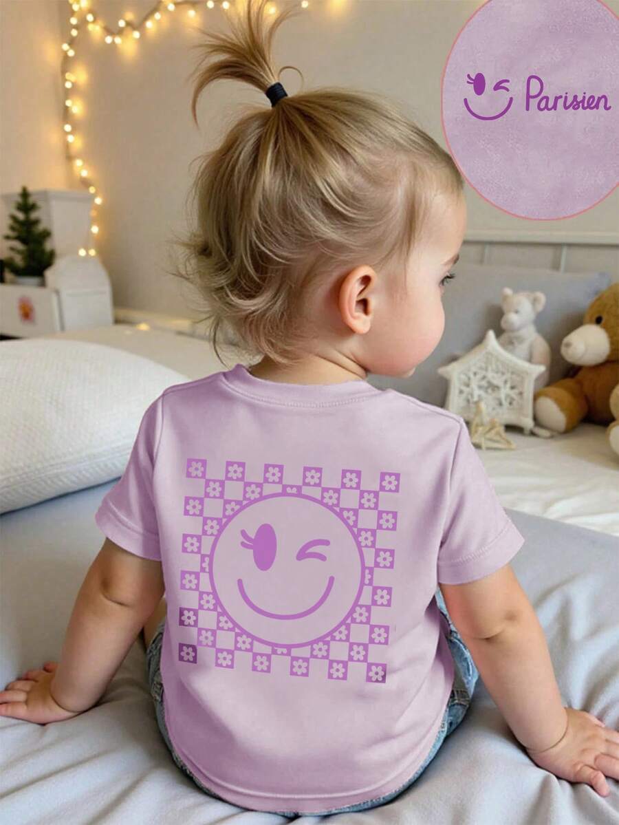 女婴涂鸦格子笑脸印花圆领短袖可爱女孩紫色上衣 - 紫色 - 查看 1