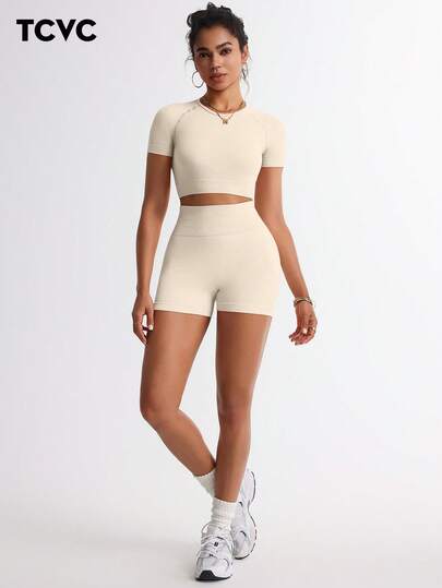 TCVC 女士无缝纯色高弹力紧身运动套装，圆领短袖上衣+高腰短裤，透气运动服，适合跑步、瑜伽、健身、户外活动
