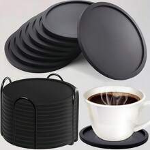 7pcs Black Silicone Cup Coasters, Heat-Resistant Glass Coasters, Beverage, Coffee Table And Bar Furniture Protective Pads And Heat-Resistant Coasters, Coffee Cup Round Coasters, Heat-Resistant Glass Coasters, Desk, Kitchen, Office, Bar Table Protective Pads, Black Coaster Set, Applicable To Any Cup Protection Pads, Father's Day, Thanksgiving, Mother's Day, Party Supplies - Black - View 12