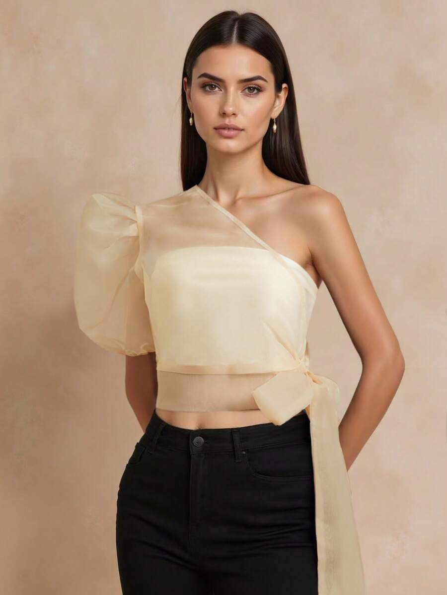 Amyenjoylife 菲律宾女士服装，现代优雅单肩泡泡袖系带透视罩衫 - 香檳色 - 查看 1