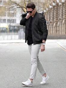 TACVASEN Chaqueta para hombre, ligera, informal, primavera, otoño, fina, con cremallera, bolsillos - Negro - Ver 6