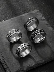 4pcs/Set Stylish Stainless Steel Roman Character Text Decoration Men's Black Gold Ring Set Suitable For Men's Daily Matching Use Festive Jewellery - Multicolor - View 8